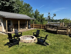 Entertainment shed with bar seating and TV