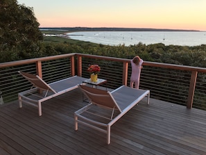 The deck at twilight, overlooking Menemsha Harbor & Aquinnah.