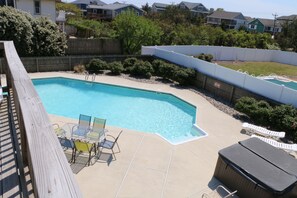 Pool and hot tub 
dining poolside with new table and umbrella 