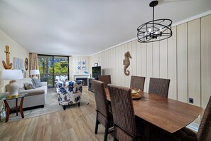 Dining table seats 6 comfortably.