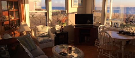 Panoramic view of beach and ocean from the living room