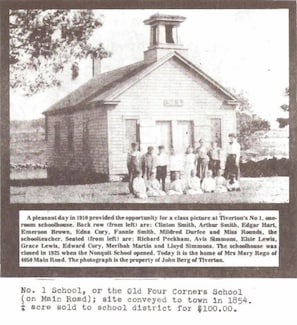 Tiverton Four Corners Schoolhouse No. 1 taken in 1910 with students and teacher