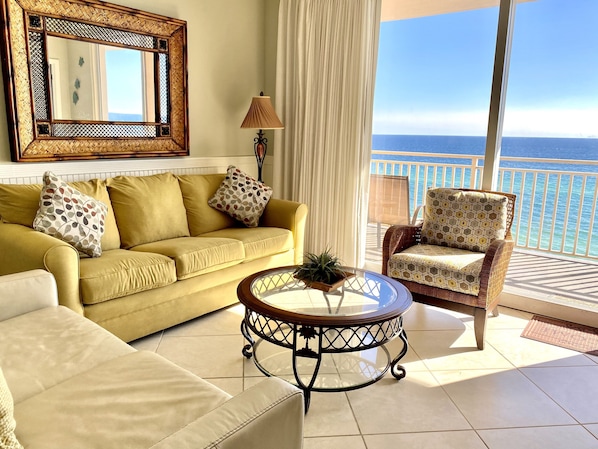 Living room with ocean front balcony