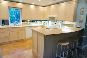 Large well-stocked kitchen with countertop bar and wine fridge