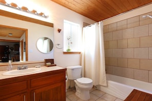 The bathroom with tub and shower.