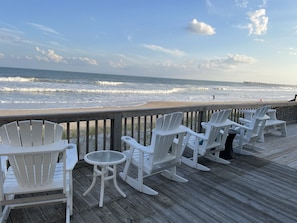 Ocean view beachfront deck.