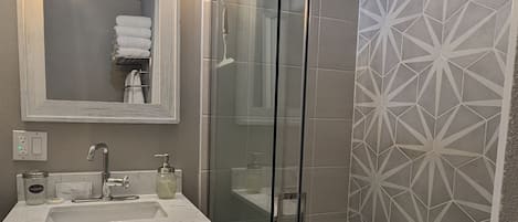 Private bathroom with newly remodeled 3-way thermostatic shower