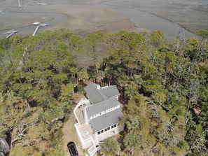 View of our island home and dock in back from a drone
