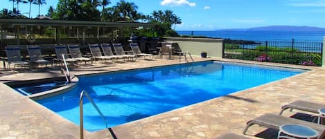 Private pool and hot tub for guests. This area has video surveillance cameras.