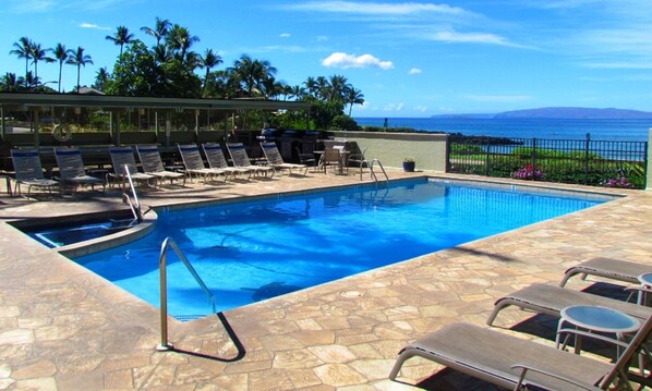 Private pool and hot tub for guests. This area has video surveillance cameras.