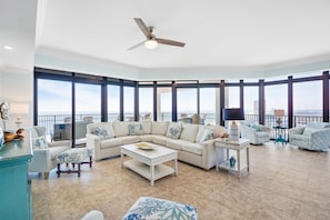 Family Room with ample seating open to large balcony and incredible beach view!