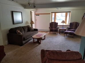 Living room area with bay window