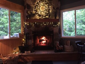 Beautiful Wood-Burning Corner Fireplace with Firewood Supplied.