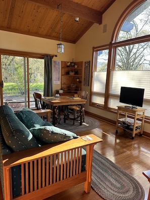 A smart TV, DVD collection, and internet 