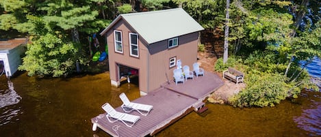 Boathouse dock facing the bay and lake