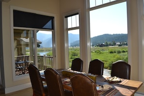 Majestic views from dining room; option to eat outside on deck overlooking creek