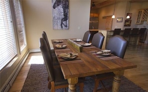 Beautiful new dining room table; enjoy meals and look out at creek/mountains 