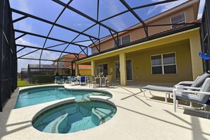 Private south-facing pool and Spa with covered lanai and child safety pool fence