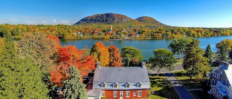 Drone view of the property with beautiful Mont Saint-Hilaire and the river