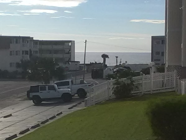 View of beach from outside the middle of the "B" building. 100 yards from beach