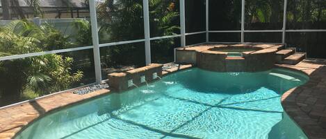Spa with overflow into pool surrounded by high privacy fencing and new plantings