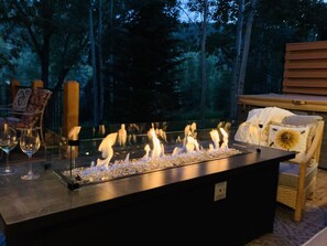 New Gas Fire Table added to back deck overlooking the river!