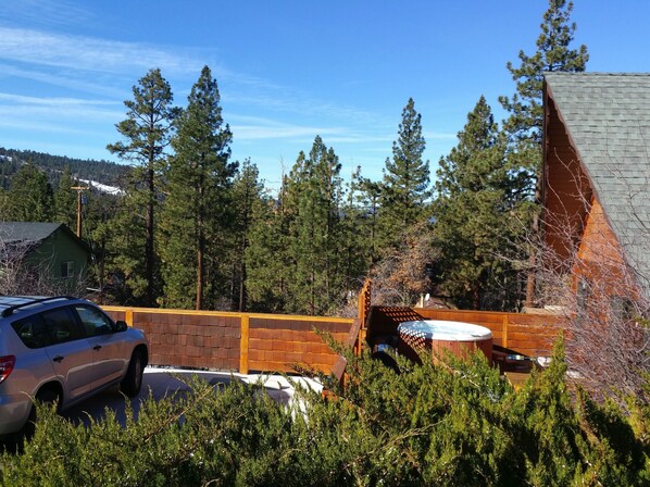 Private with elevated deck, plenty of parking and views of Summit and Bear Mntn.