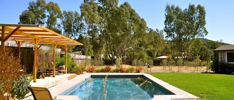 Pool area with olive orchard and bocce court in rear of property