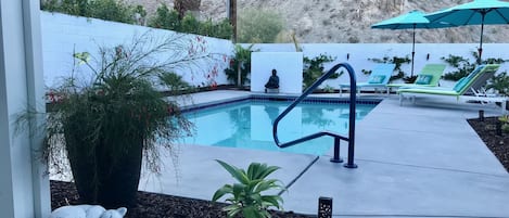 Back yard salt water pool with spa jets and view of the mountains