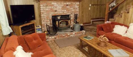 Wood burning stove and 40' smart TV