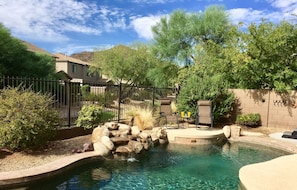 Waterfall feature and aerator spray add enjoyment to your pool time.