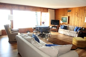 Living room with large picture windows looking over the lake. Cable TV.