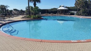 Poolside view. Cabana in background.