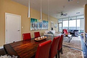 Great room has dinner seating for 6
