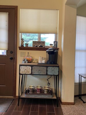 coffee bar with Keurig coffee maker.  Mr. Coffee coffee maker in the kitchen