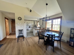 Dining area with expandable dining table that seats 6.