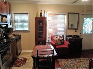 New table for eating that opens on both sides for additional work space.