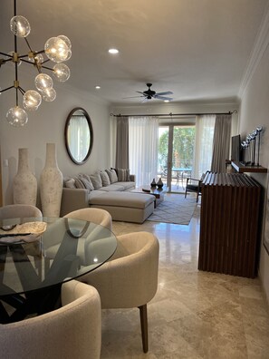 Looking towards living room and balcony