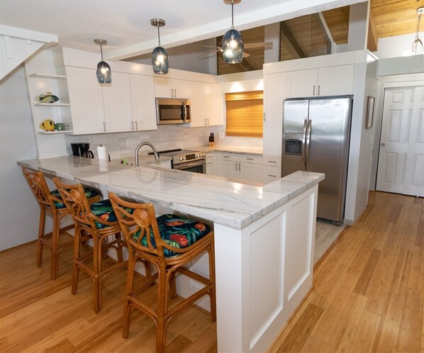Newly remodeled kitchen with bar seating