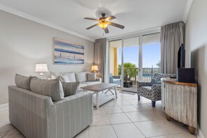 Spacious living space with sleeper sofa