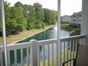 View overlooking the small pond. The Greg Norman golf course beyond the trees.