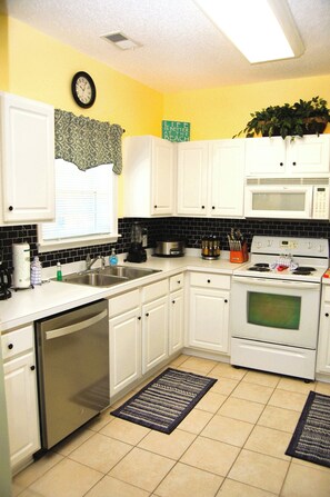 Well stocked kitchen with home-away-from home small appliances and utensiles.