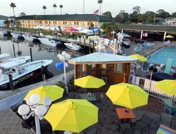 Tiki bar overlooking waterfront