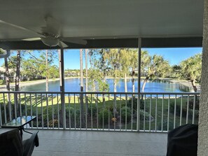 View of Lake from inside condo (with lit fountain at night