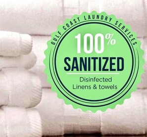 All of our sheets and towels are 100% cleaned and sanitized by Gulf Coast Laundry Services!