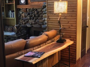 Walnut "live edge" sofa table and Tahoe-style lamp are new for 2021.