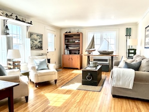 Living room with harbor views