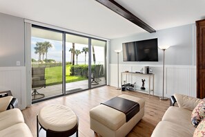 Living Room with HD TV and a view of the ocean