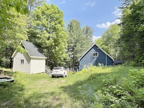 Road-side view of main cottage and bunkie