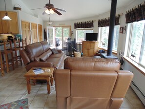 Wood burning stove in upstairs living room.  Firewood provided. 